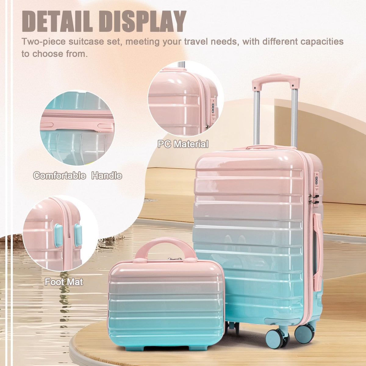 Merax Luggage,Lightweight Durable Carry On Suitcase Set with Spinner Wheels,2 Piece 20 Inch Luggage with 14 Inch Cosmetic Case for Travel,Blue+Pink