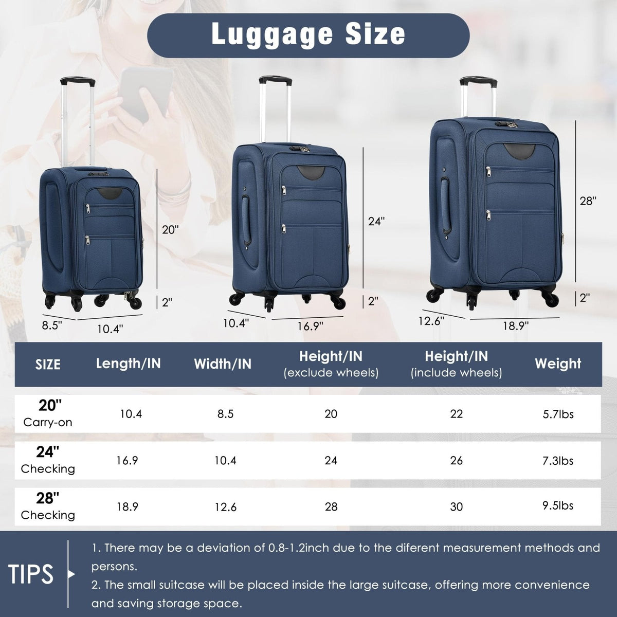 Merax Softside Luggage Set with Duffel Bag Expandable 3 - Piece Suitcases Spinner Wheels TSA Lock Lightweight Travel Set Easy Access Pockets Premium 610D Fabric (Softside, Dark Blue, (20/24/28/DB/TB))