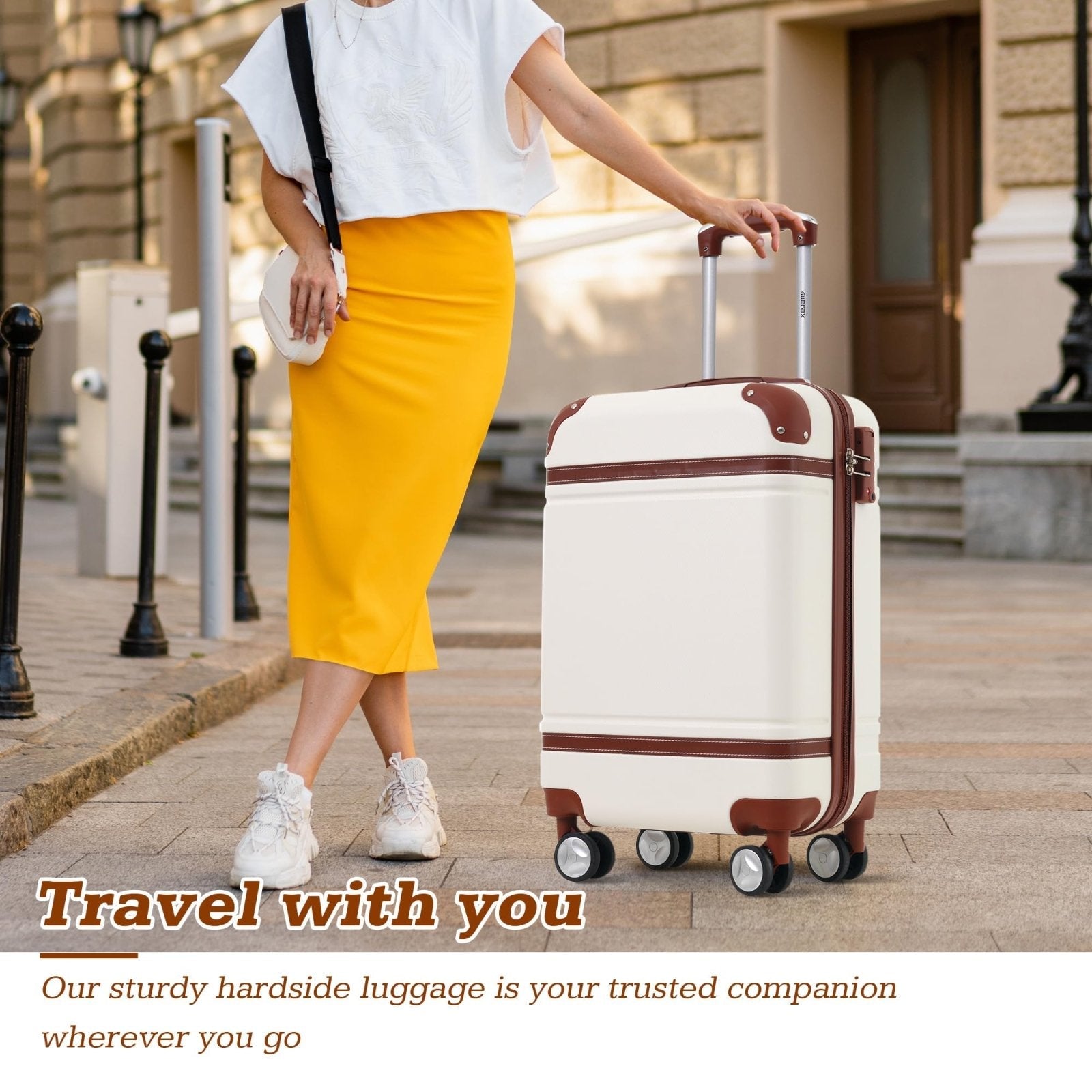 Merax Suitcase Set 28 inches Expandable Luggage with TSA Lock Spinner Wheels Hardshell Lightweight Vintage Luggage with Travel Bag,White