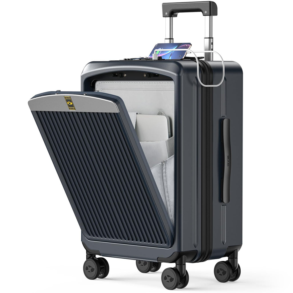 MGB Carry on Luggage 22x14x9 Airline Approved, Durable PC Hardside Suitcase with TSA Lock for Business Trip, 20 Inch Carry-on Luggage, USB Port & 360°Spinner Wheels (Front Pocket, Dark Grey)