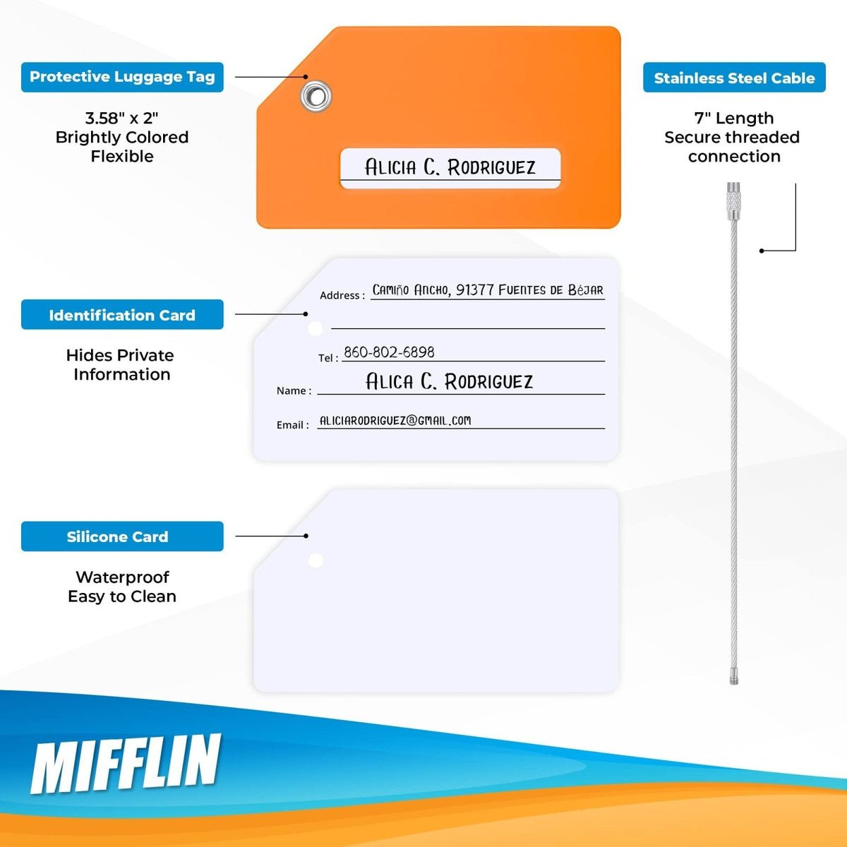 Mifflin - USA Silicone Luggage Tags (Orange, 2 Pack) with Plane Embedded Design & Name ID Card; Bright Colors to Quickly Find Your Bag