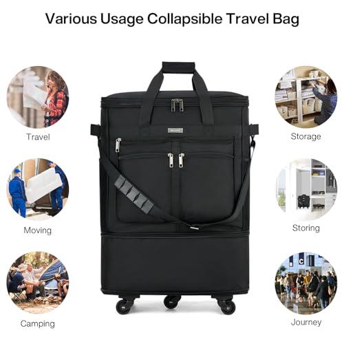 MILADA Expandable Luggage Bags for Travel Foldable Suitcase with Wheels Collapsible Rolling Travel Duffle Bag Lightweight Large Suitcases without Telescoping Handle, Black