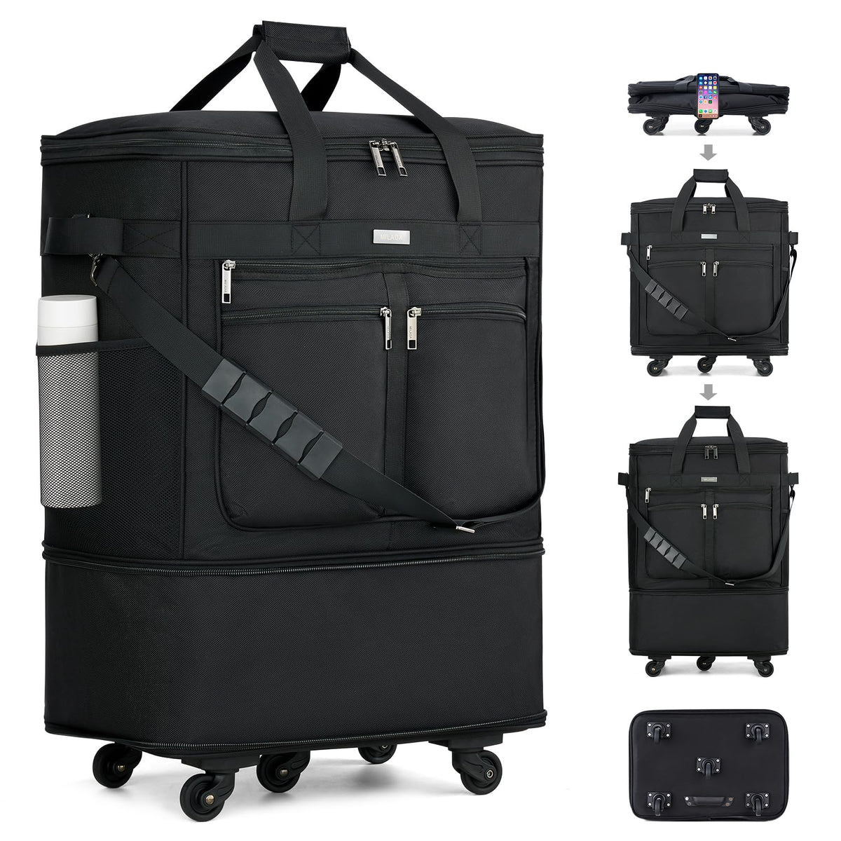 MILADA Expandable Luggage Bags for Travel Foldable Suitcase with Wheels Collapsible Rolling Travel Duffle Bag Lightweight Large Suitcases without Telescoping Handle, Black