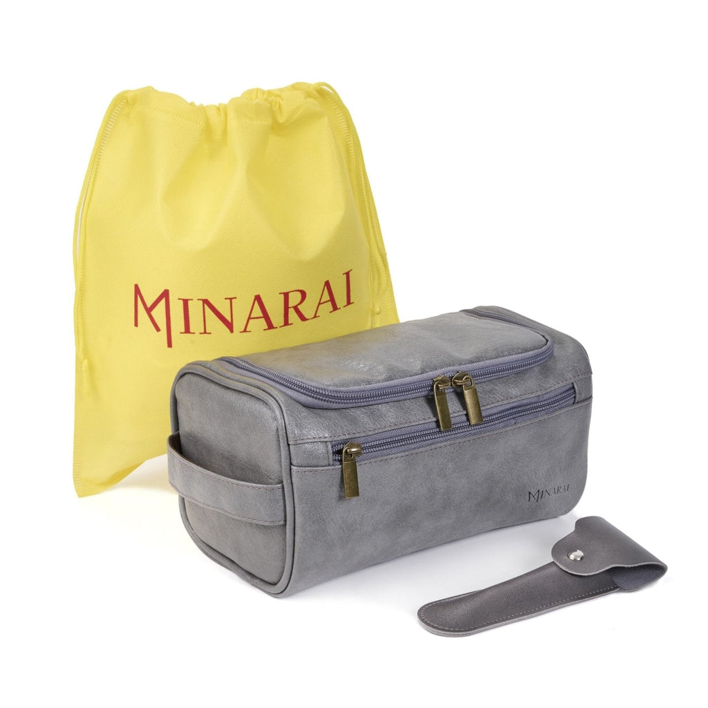 MINARAI Mens Toiletry Travel Bag with Razor Case – Premium PU Leather Organizer with Hanging Design and Structured Storage – Mens Toiletry Bag for Gifts, Travel, Gym, and Everyday Use–GREY