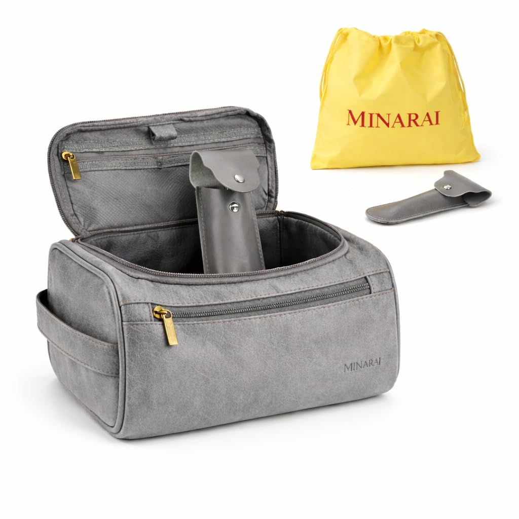 MINARAI Mens Toiletry Travel Bag with Razor Case – Premium PU Leather Organizer with Hanging Design and Structured Storage – Mens Toiletry Bag for Gifts, Travel, Gym, and Everyday Use–GREY