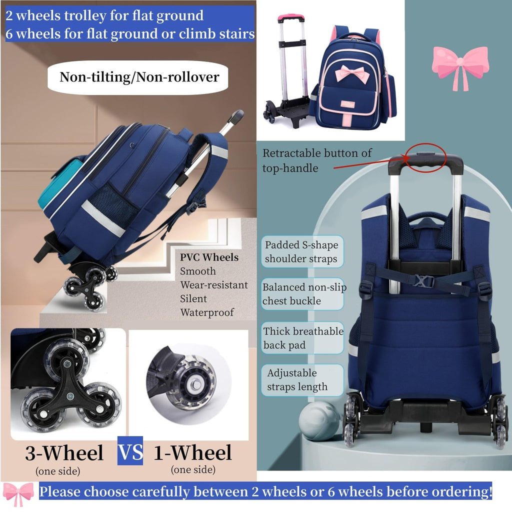 MITOWERMI Rolling Backpack for Girls 3Pcs Elementary School Bag Cute Bowknot Backpack with Wheels Girls Bookbags with Handbag Trolley Bags Kids Carry - On Luggage