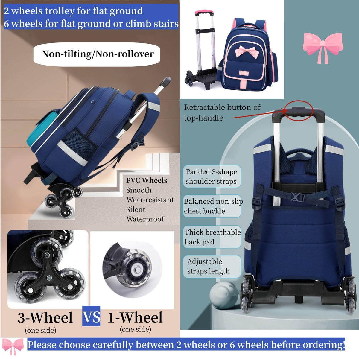 MITOWERMI Rolling Backpack for Girls 3Pcs Elementary School Bag Cute Bowknot Backpack with Wheels Girls Bookbags with Handbag Trolley Bags Kids Carry - On Luggage