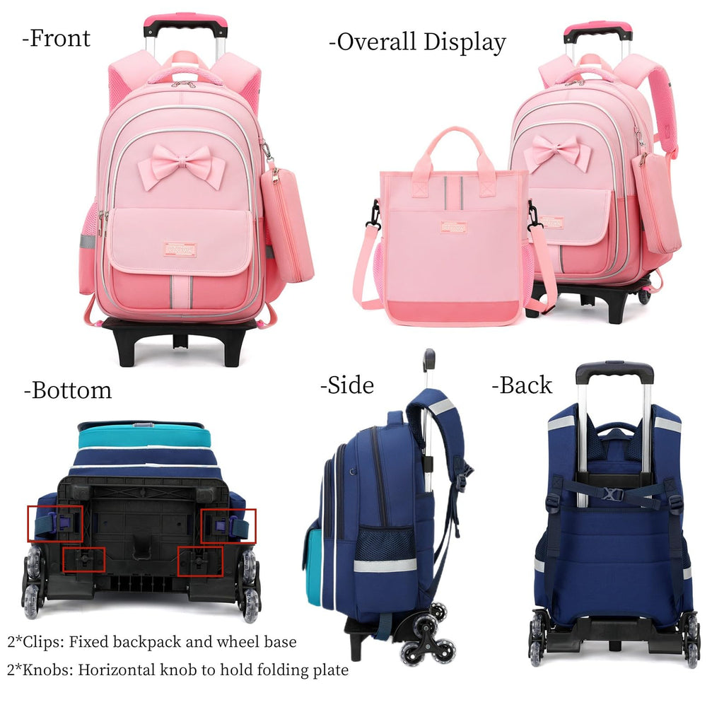 MITOWERMI Rolling Backpack for Girls 3Pcs Elementary School Bag Cute Bowknot Backpack with Wheels Girls Bookbags with Handbag Trolley Bags Kids Carry - On Luggage