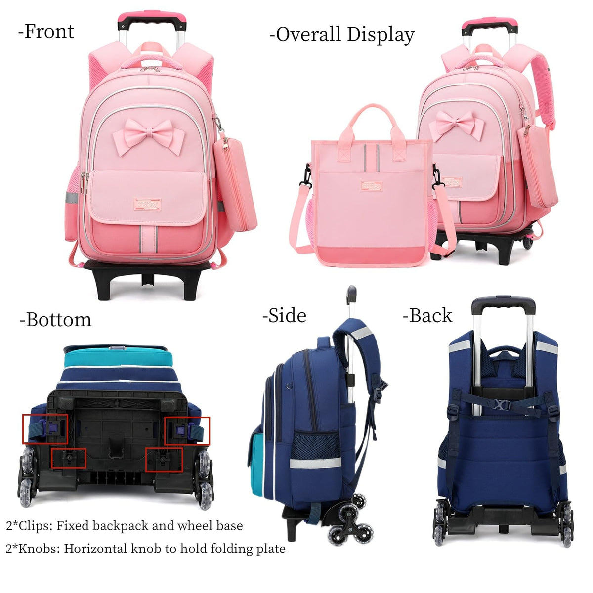 MITOWERMI Rolling Backpack for Girls 3Pcs Elementary School Bag Cute Bowknot Backpack with Wheels Girls Bookbags with Handbag Trolley Bags Kids Carry - On Luggage