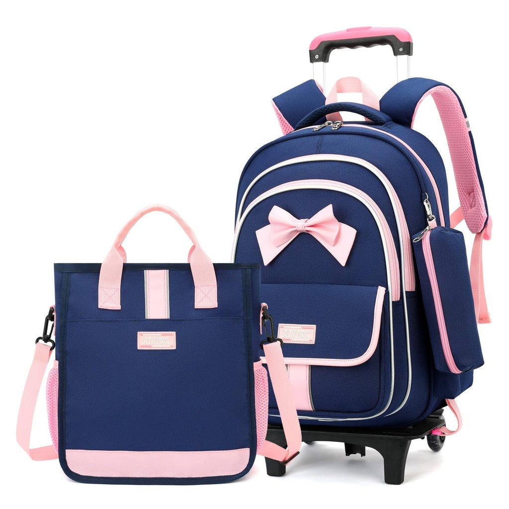 MITOWERMI Rolling Backpack for Girls 3Pcs Elementary School Bag Cute Bowknot Backpack with Wheels Girls Bookbags with Handbag Trolley Bags Kids Carry-On Luggage