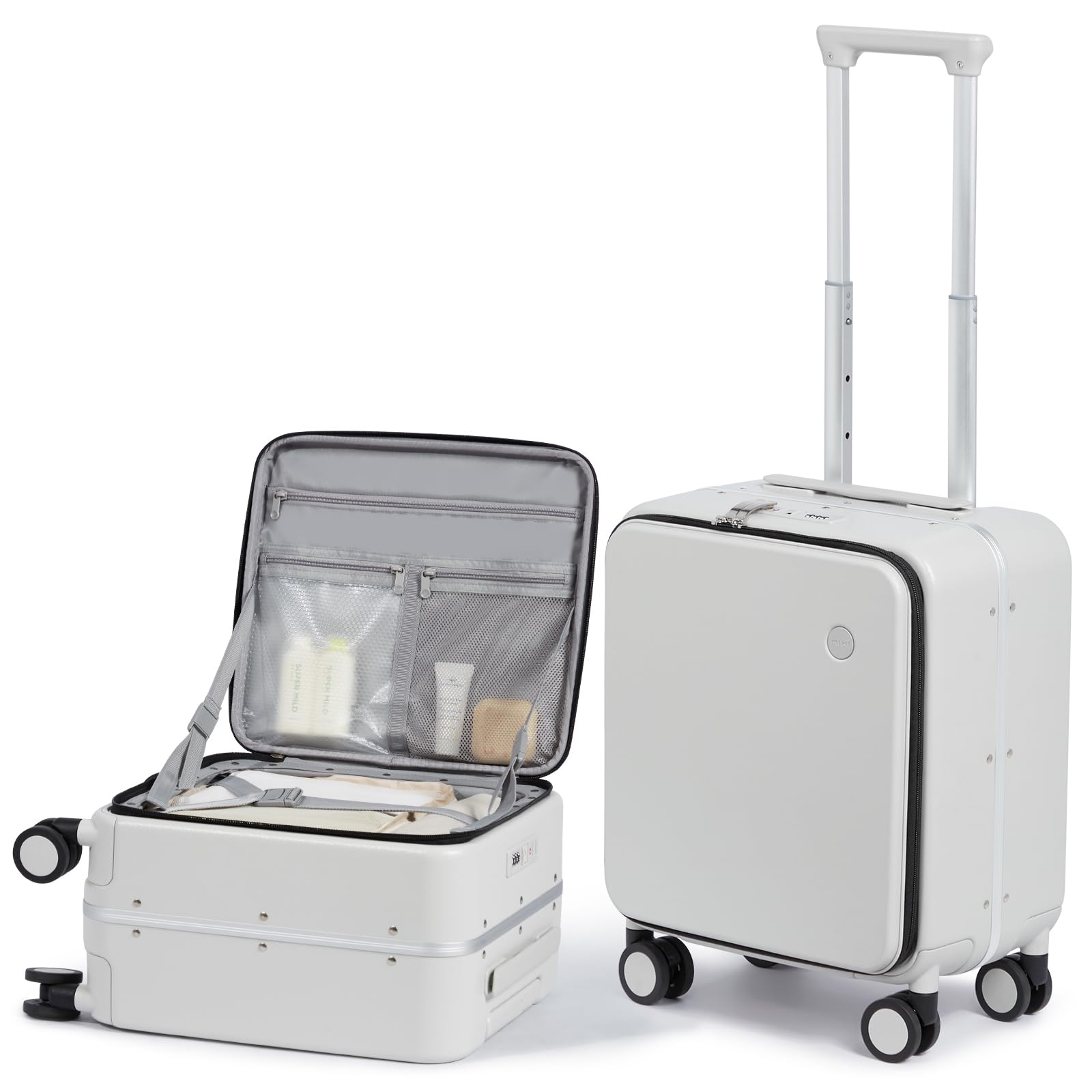 mixi 17x14x9 Carry On Luggage Underseat PC Hard Shell Suitcase Top Opening Aluminum Frame Travel Suitcases with Wheels, Smoke White
