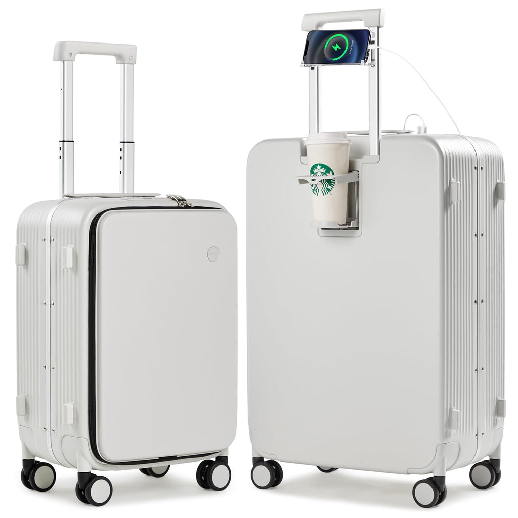 mixi 2-Piece Luggage Sets with Cup Phone Holder and Charger Hard Shell Suitcases with Spinner Wheels, 20+26 Smoke White