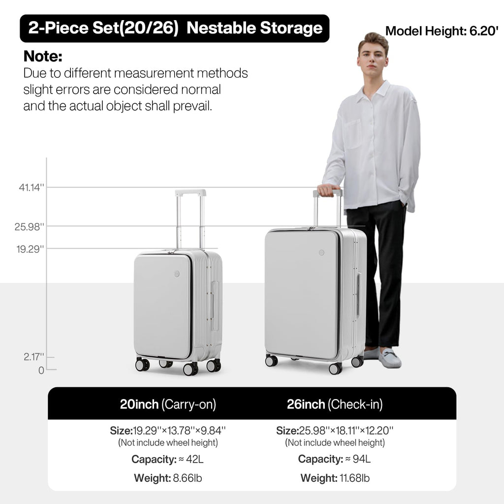 mixi 2 - Piece Luggage Sets with Cup Phone Holder and Charger Hard Shell Suitcases with Spinner Wheels, 20+26 Smoke White