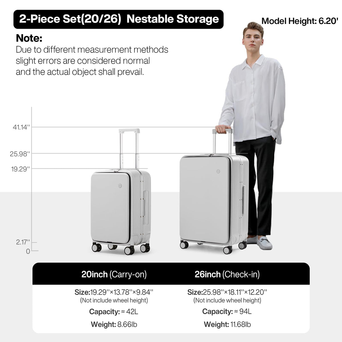 mixi 2 - Piece Luggage Sets with Cup Phone Holder and Charger Hard Shell Suitcases with Spinner Wheels, 20+26 Smoke White