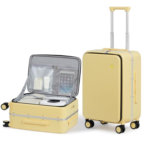 mixi 20 Inch Carry On Luggage 22x14x9 Airline Approved PC Hard Shell Suitcase Top Opening Aluminum Frame Travel Suitcases with Wheels, Lark Yellow