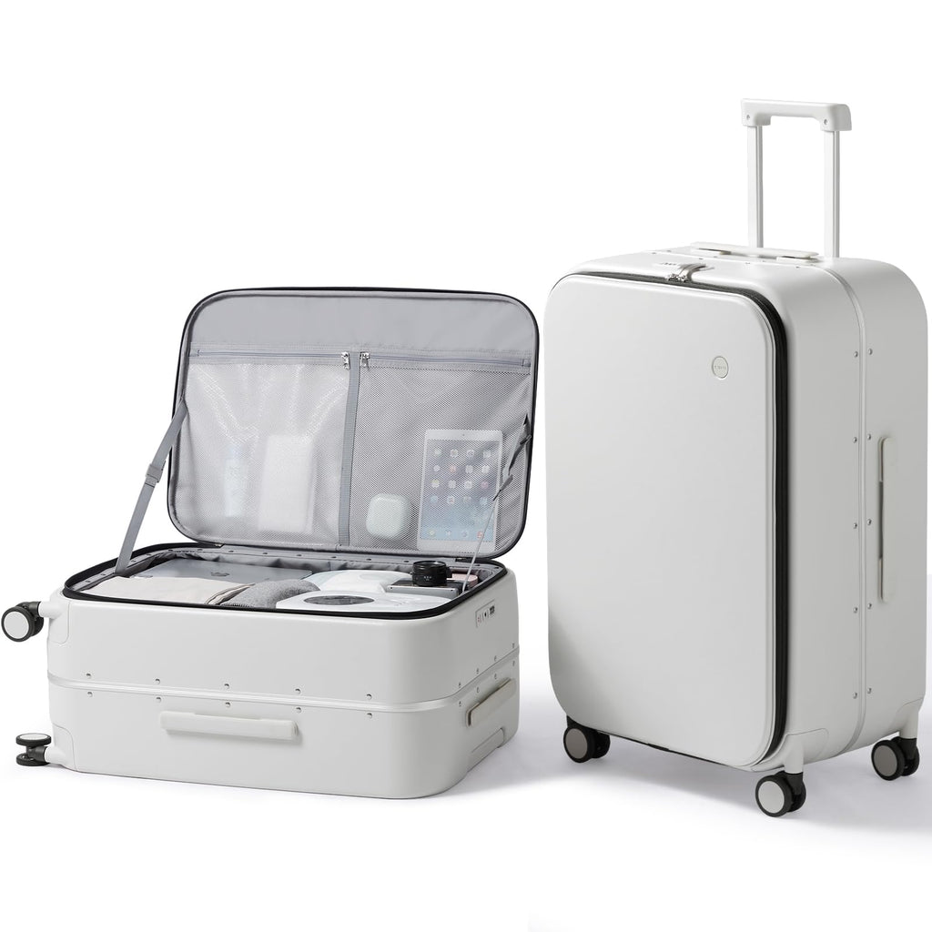 mixi 26 Inch Large Checked Luggage PC Hard Shell Suitcase Top Opening Aluminum Frame Travel Suitcases with Wheels, Smoke White