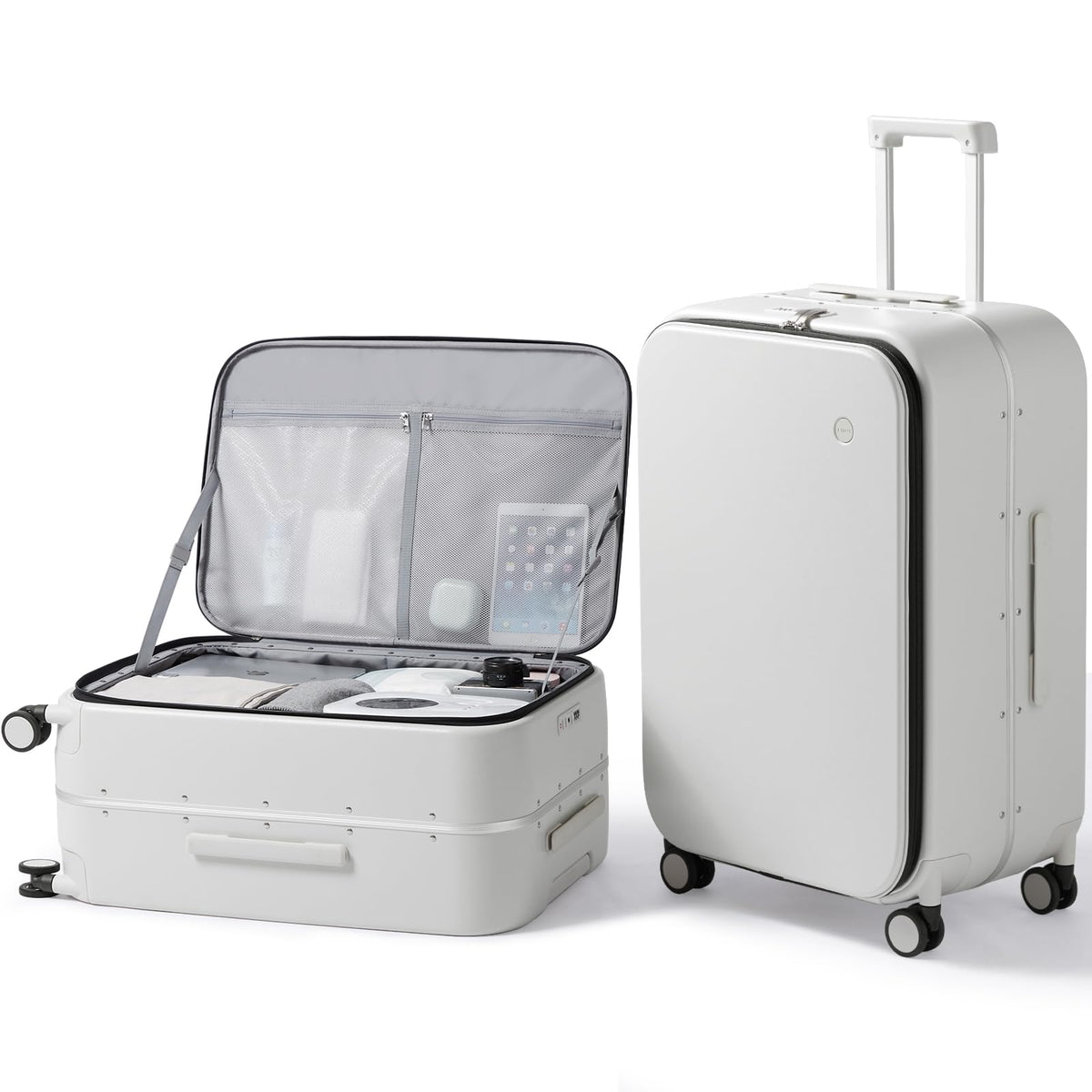 mixi 26 Inch Large Checked Luggage PC Hard Shell Suitcase Top Opening Aluminum Frame Travel Suitcases with Wheels, Smoke White