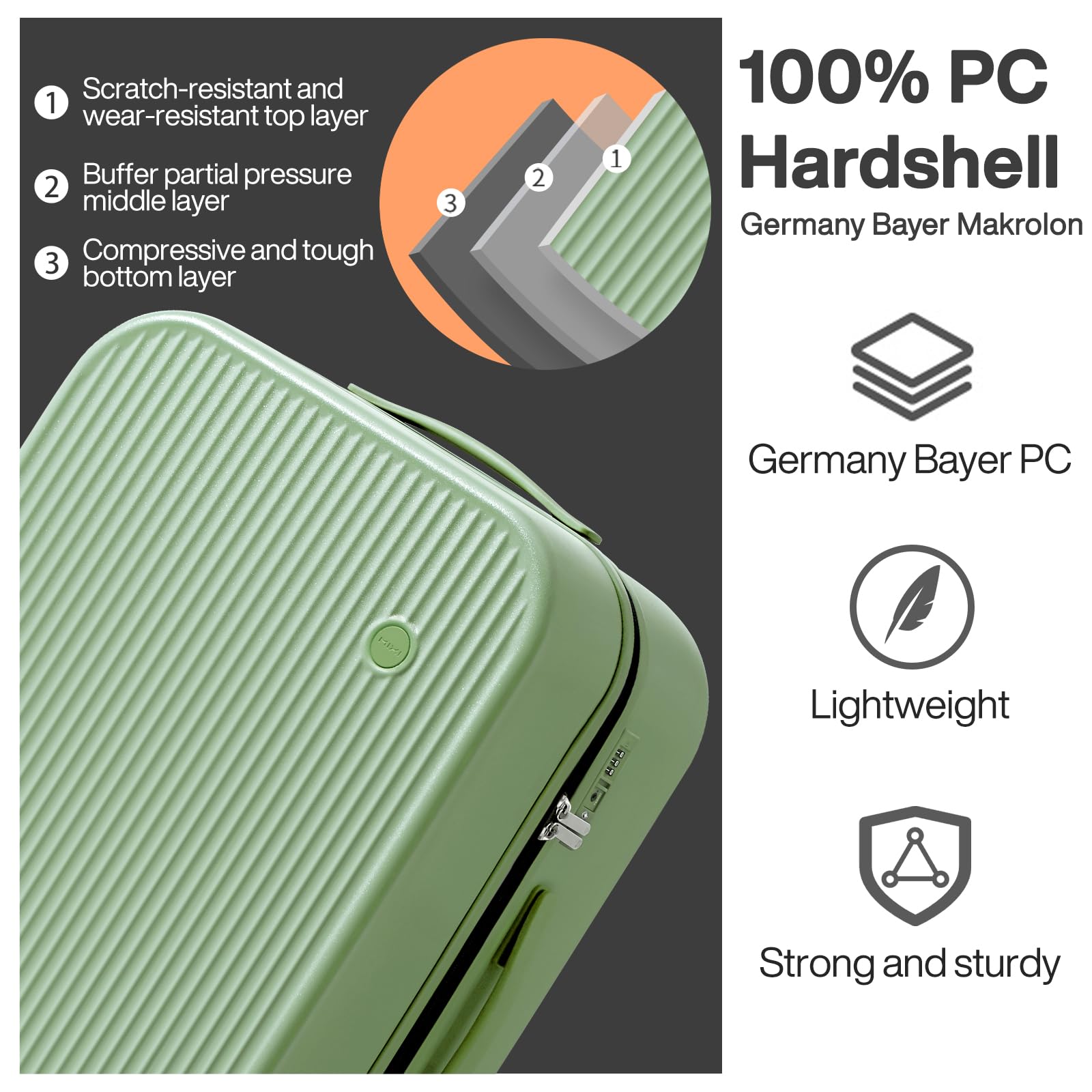mixi 26 Inch Large Checked Luggage PC Hardshell Suitcases with Wheels for Travel Woman Men, Avocado Green