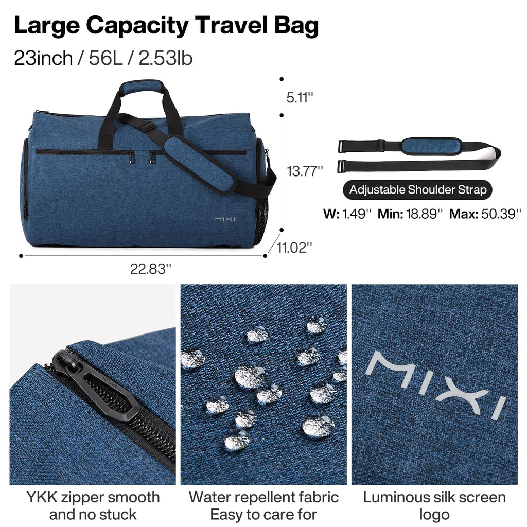 mixi Carry On Garment Bag for Travel 56L Convertible Duffle Bag for Men Women 2 in 1 Hanging Luggage Suitcase Dress Suit Travel Bag with Shoes Pouch, Sapphire Blue