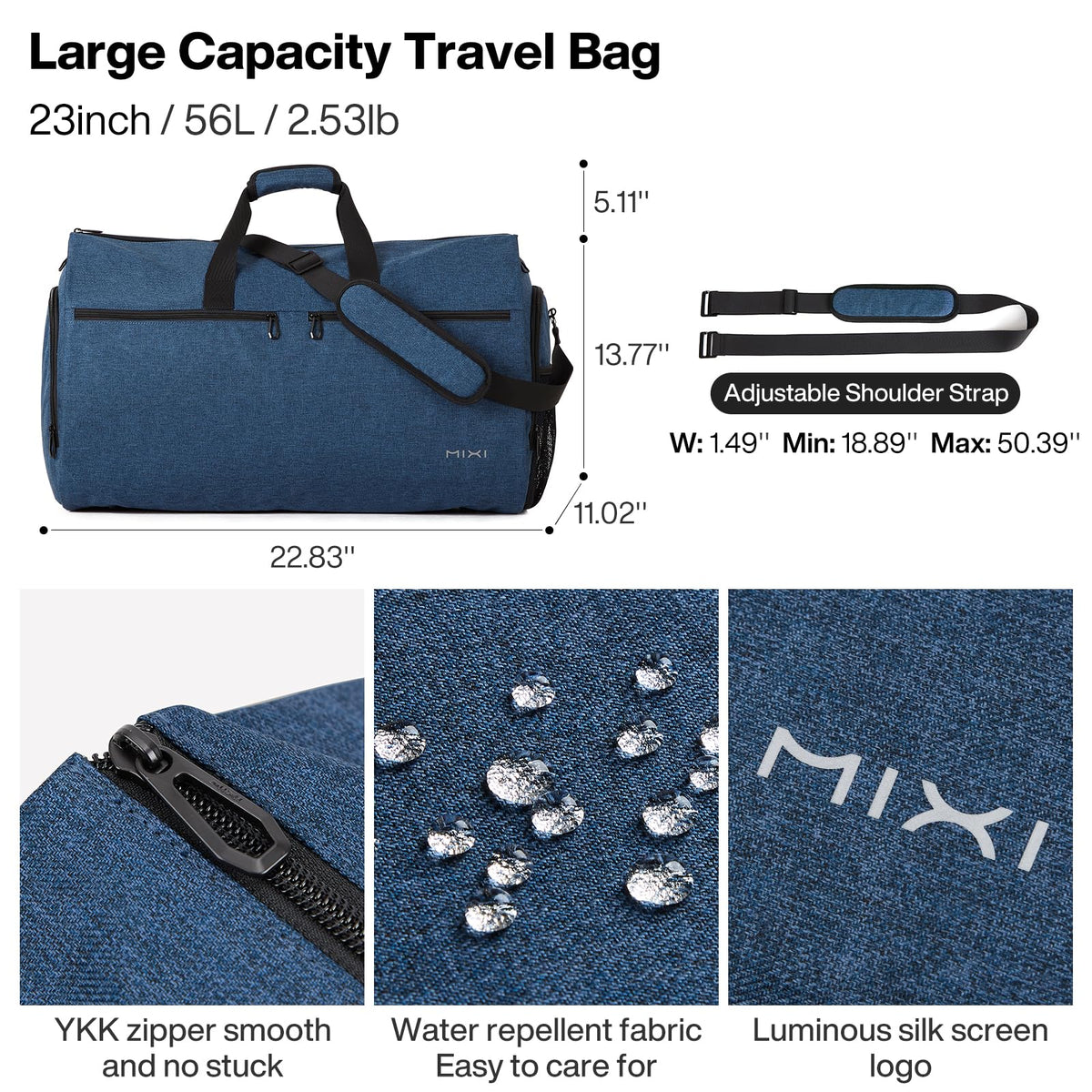 mixi Carry On Garment Bag for Travel 56L Convertible Duffle Bag for Men Women 2 in 1 Hanging Luggage Suitcase Dress Suit Travel Bag with Shoes Pouch, Sapphire Blue
