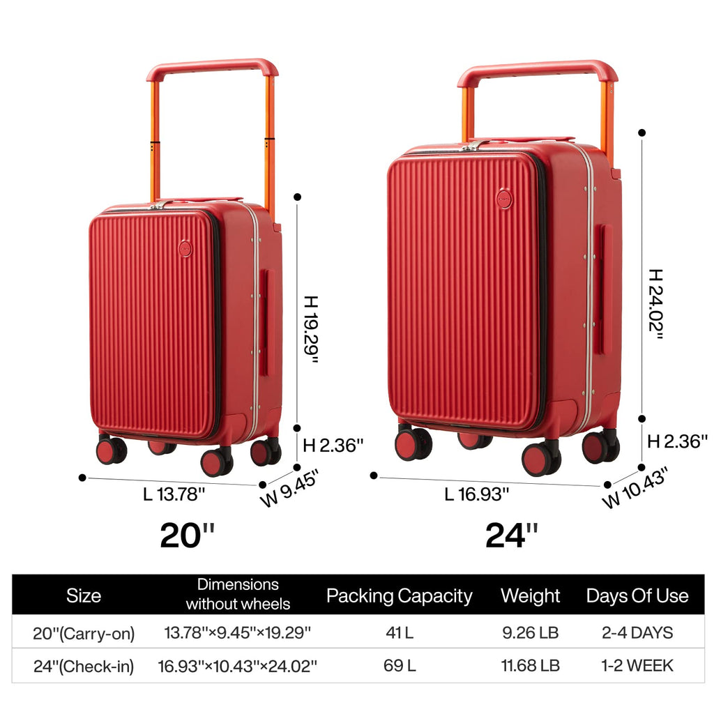 mixi Carry On Luggage 20'' Suitcase with Front Laptop Pocket, Wide Handle Rolling Travel Suitcases PC Hardshell with Aluminum Frame Spinner Wheels & TSA Lock, Carry - On Luggage(Red)