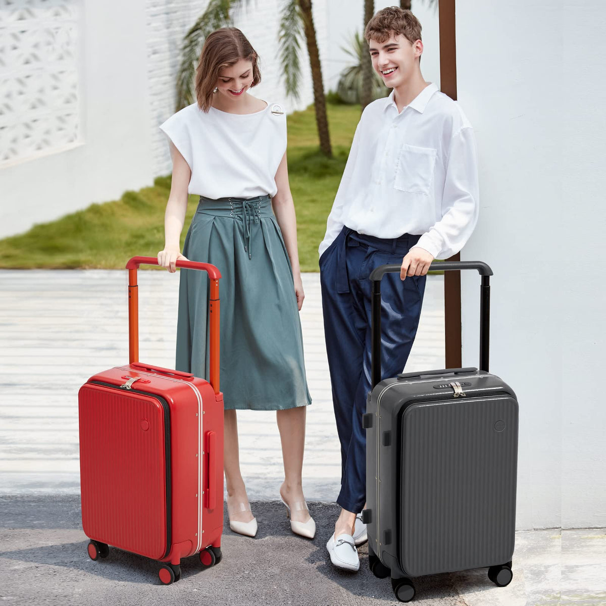 mixi Carry On Luggage 20'' Suitcase with Front Laptop Pocket, Wide Handle Rolling Travel Suitcases PC Hardshell with Aluminum Frame Spinner Wheels & TSA Lock, Carry - On Luggage(Red)