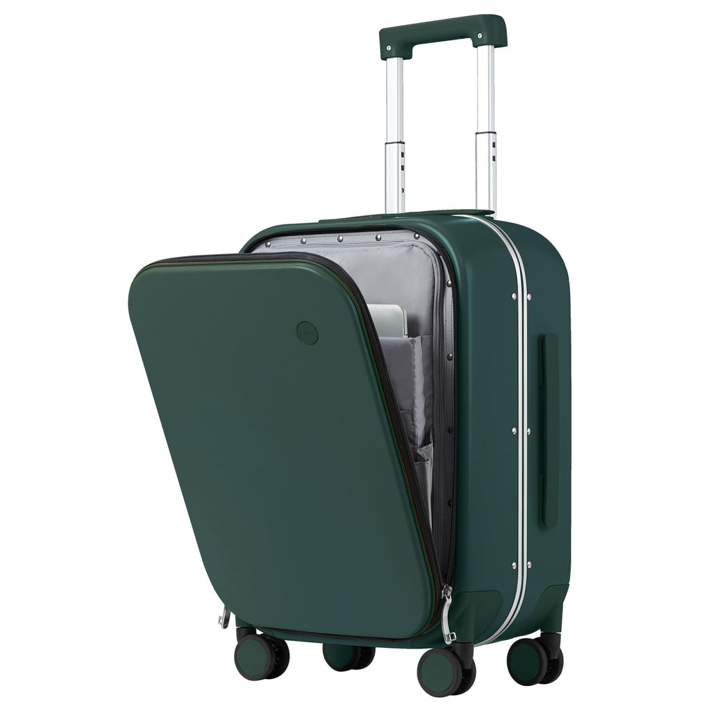 mixi Carry On Luggage, 20'' Suitcase with Front Pocket, Travel Rolling Luggage Aluminum Frame PC Hardside with Spinner Wheels & TSA Lock and Cover - Blackish Green