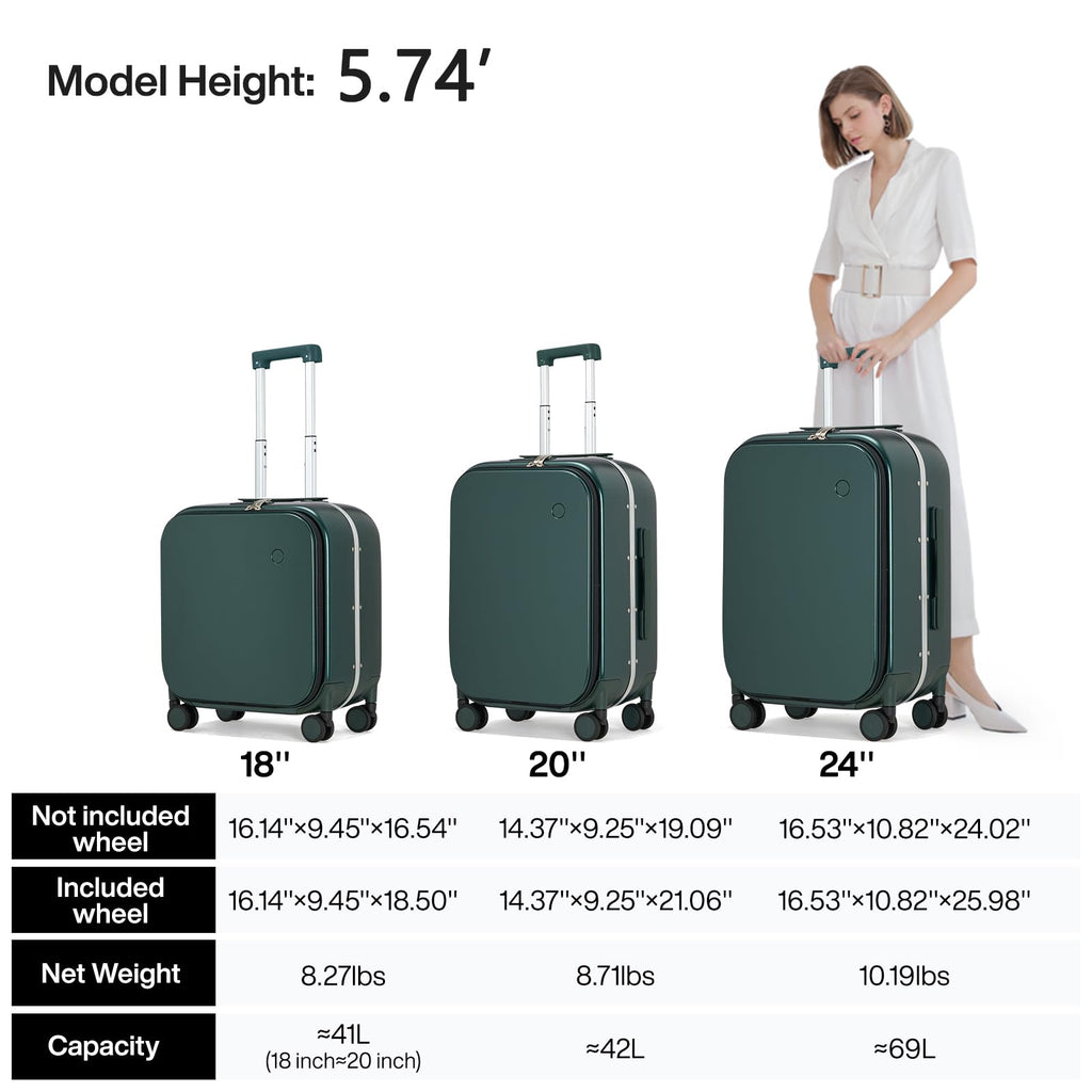 mixi Carry On Luggage, 20'' Suitcase with Front Pocket, Travel Rolling Luggage Aluminum Frame PC Hardside with Spinner Wheels & TSA Lock and Cover - Blackish Green