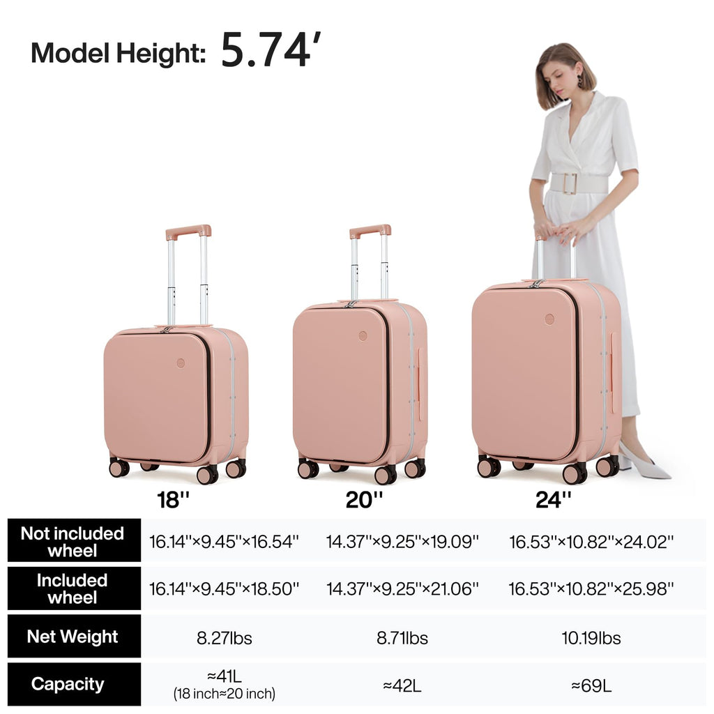 mixi Carry On Luggage, 20'' Suitcase with Front Pocket, Travel Rolling Luggage Aluminum Frame PC Hardside with Spinner Wheels & TSA Lock and Cover - Pink