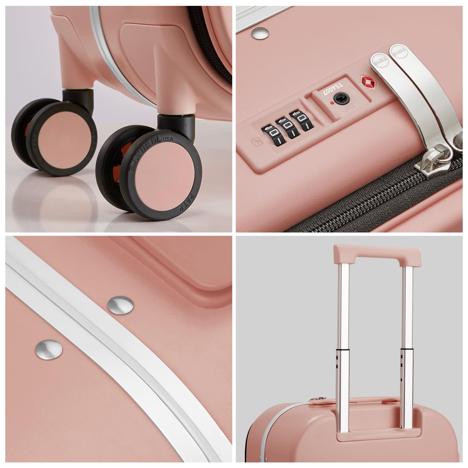mixi Carry On Luggage, 20'' Suitcase with Front Pocket, Travel Rolling Luggage Aluminum Frame PC Hardside with Spinner Wheels & TSA Lock and Cover - Pink