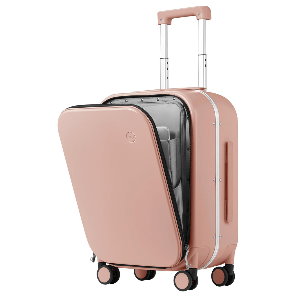 mixi Carry On Luggage, 20'' Suitcase with Front Pocket, Travel Rolling Luggage Aluminum Frame PC Hardside with Spinner Wheels & TSA Lock and Cover - Pink
