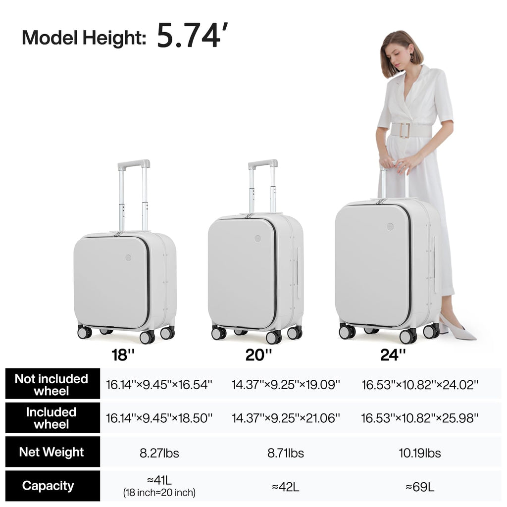 mixi Carry On Luggage, 20'' Suitcase with Front Pocket, Travel Rolling Luggage Aluminum Frame PC Hardside with Spinner Wheels & TSA Lock and Cover - Smoke White