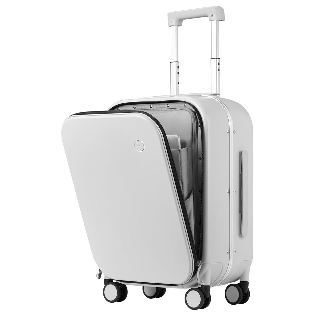 mixi Carry On Luggage, 20'' Suitcase with Front Pocket, Travel Rolling Luggage Aluminum Frame PC Hardside with Spinner Wheels & TSA Lock and Cover - Smoke White