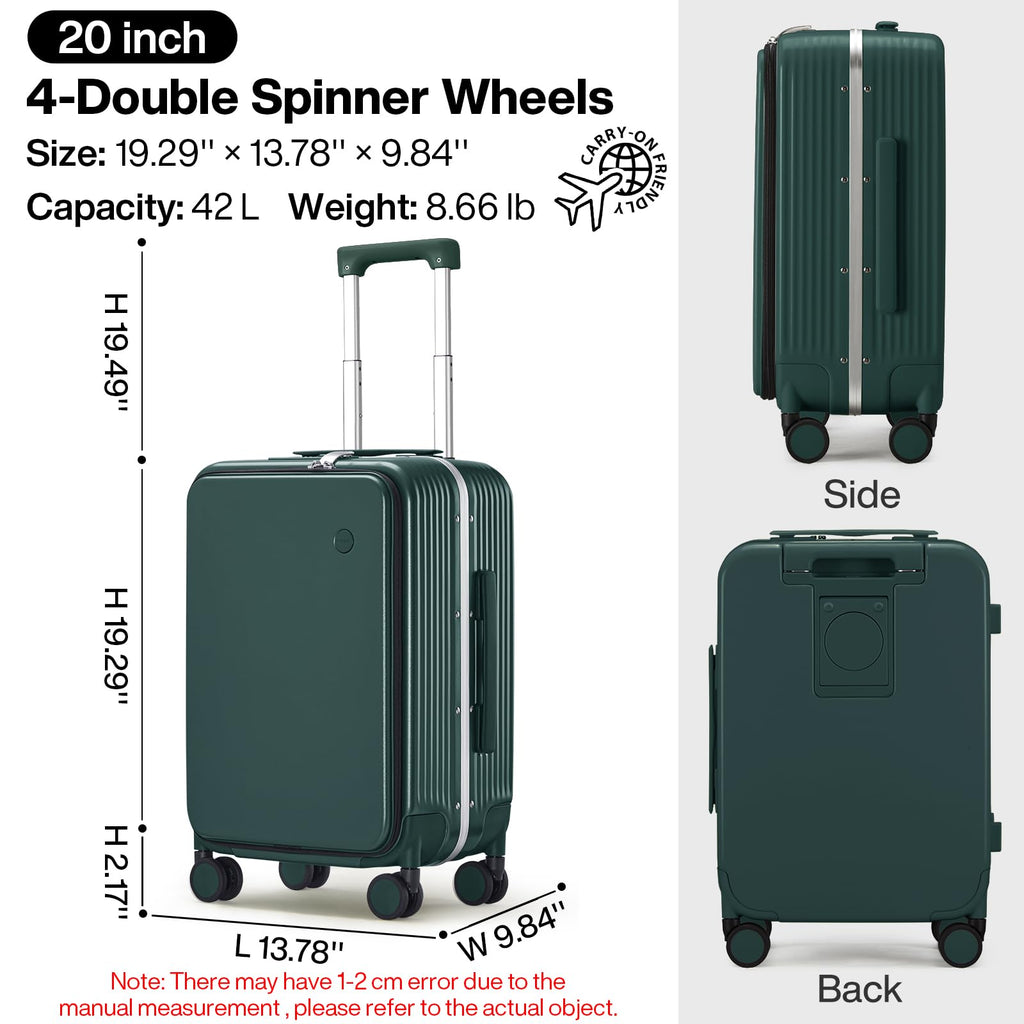 mixi Carry On Luggage with Cup Phone Holder and Charger Hard Shell Suitcases with Spinner Wheels,20 Inch Blackish Green