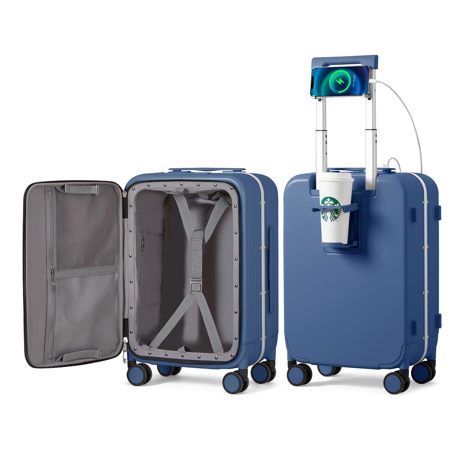 mixi Carry On Luggage with Cup Phone Holder and Charger Hard Shell Suitcases with Spinner Wheels,20 Inch Sapphire Blue
