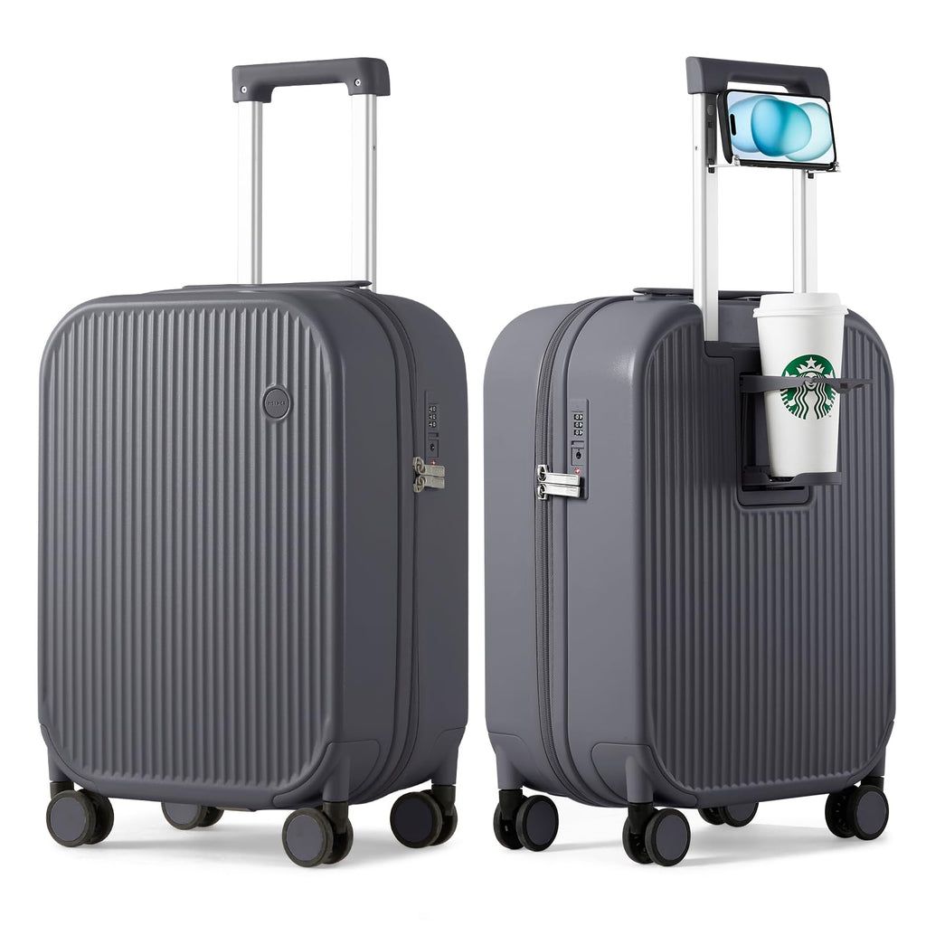 mixi Carry On Luggage with Cup Phone Holder Hard Shell Rolling Travel Suitcase with Spinner Wheels,20 Inch Rock Grey
