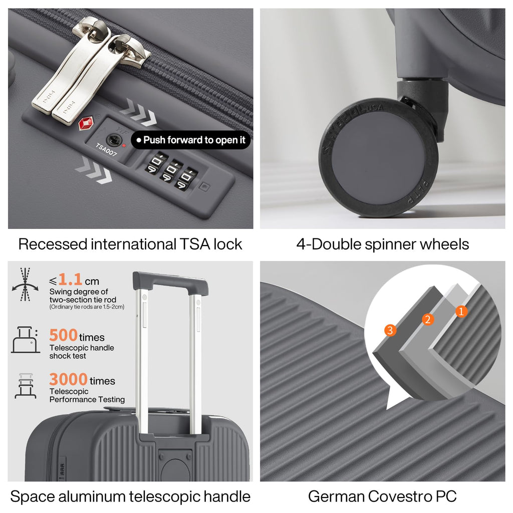 mixi Carry On Luggage with Cup Phone Holder Hard Shell Rolling Travel Suitcase with Spinner Wheels,20 Inch Rock Grey