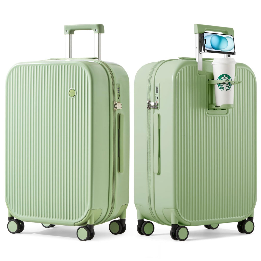mixi Checked Luggage with Cup Phone Holder Hard Shell Rolling Travel Suitcase with Spinner Wheels,26 Inch Avocado Green