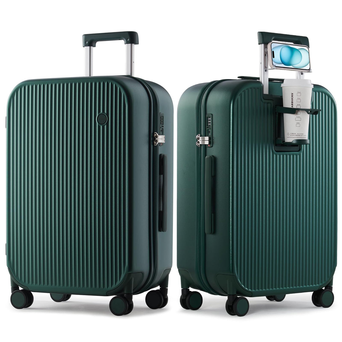 mixi Checked Luggage with Cup Phone Holder Hard Shell Rolling Travel Suitcases with Spinner Wheels,26 Inch Blackish Green