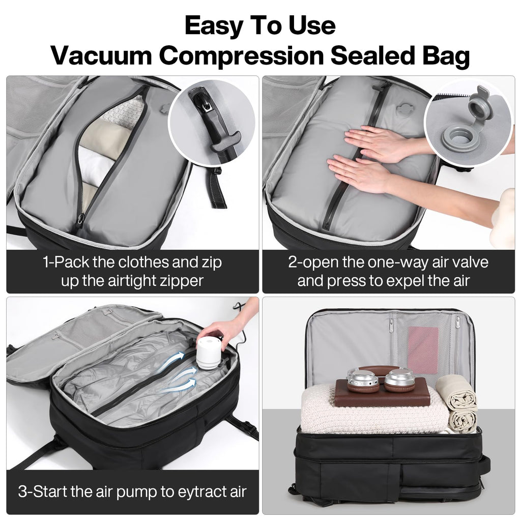 mixi EliteSeries 60L Vacuum Travel Backpack with Pump, Expandable Compression Carry On Luggage Bag Waterproof TSA Lock Suitcase, Black