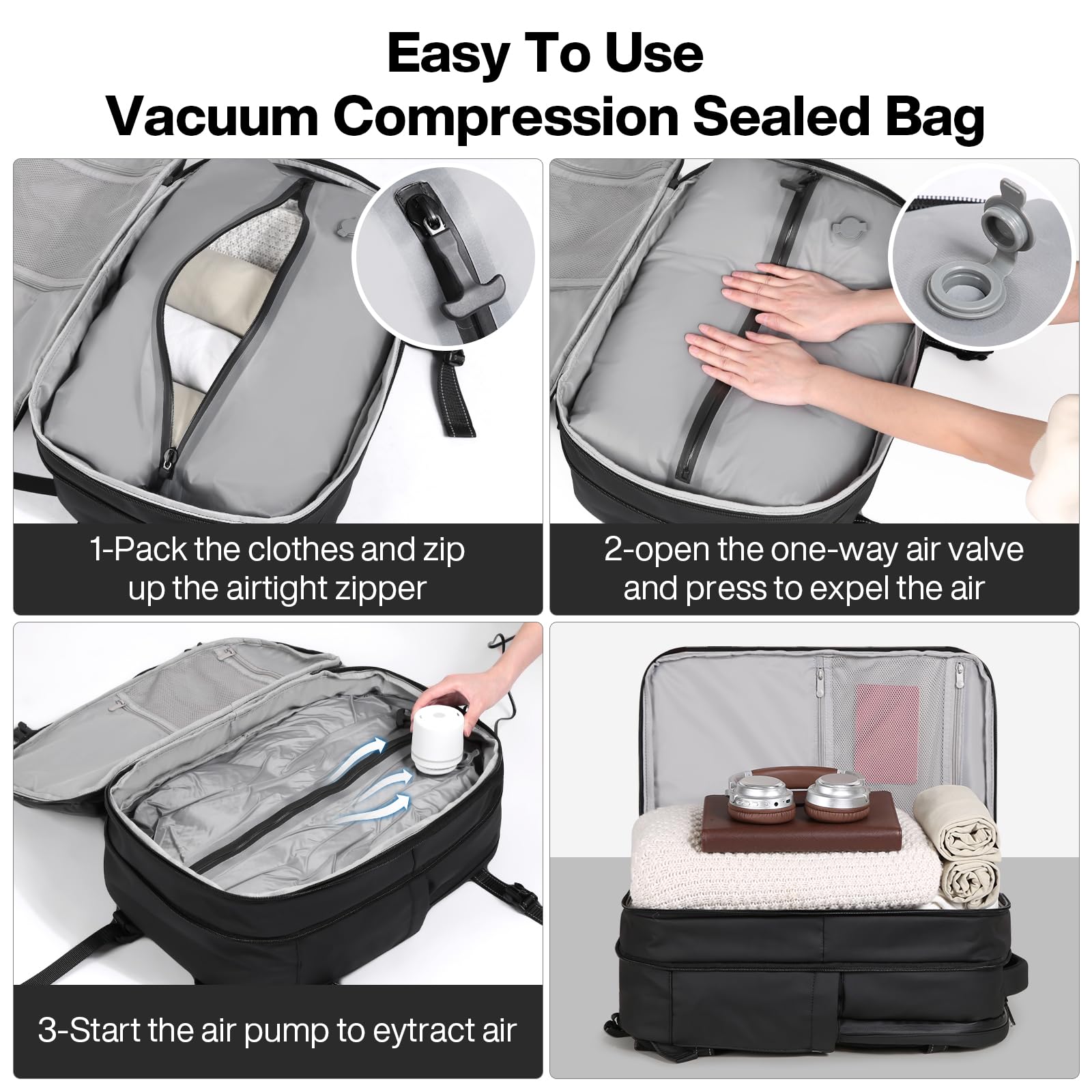 mixi EliteSeries 60L Vacuum Travel Backpack with Pump, Expandable Compression Carry On Luggage Bag Waterproof TSA Lock Suitcase, Black