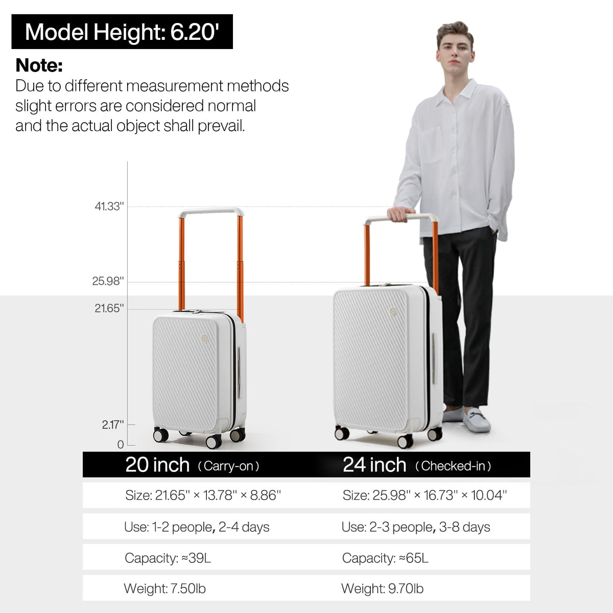 mixi Luggage Suitcases with Spinner Wheels,Upgrade Wide Handle PC Hardshell Rolling Travel Suitcase with TSA Lock, Checked - Medium 24 - Inch, Smoke White