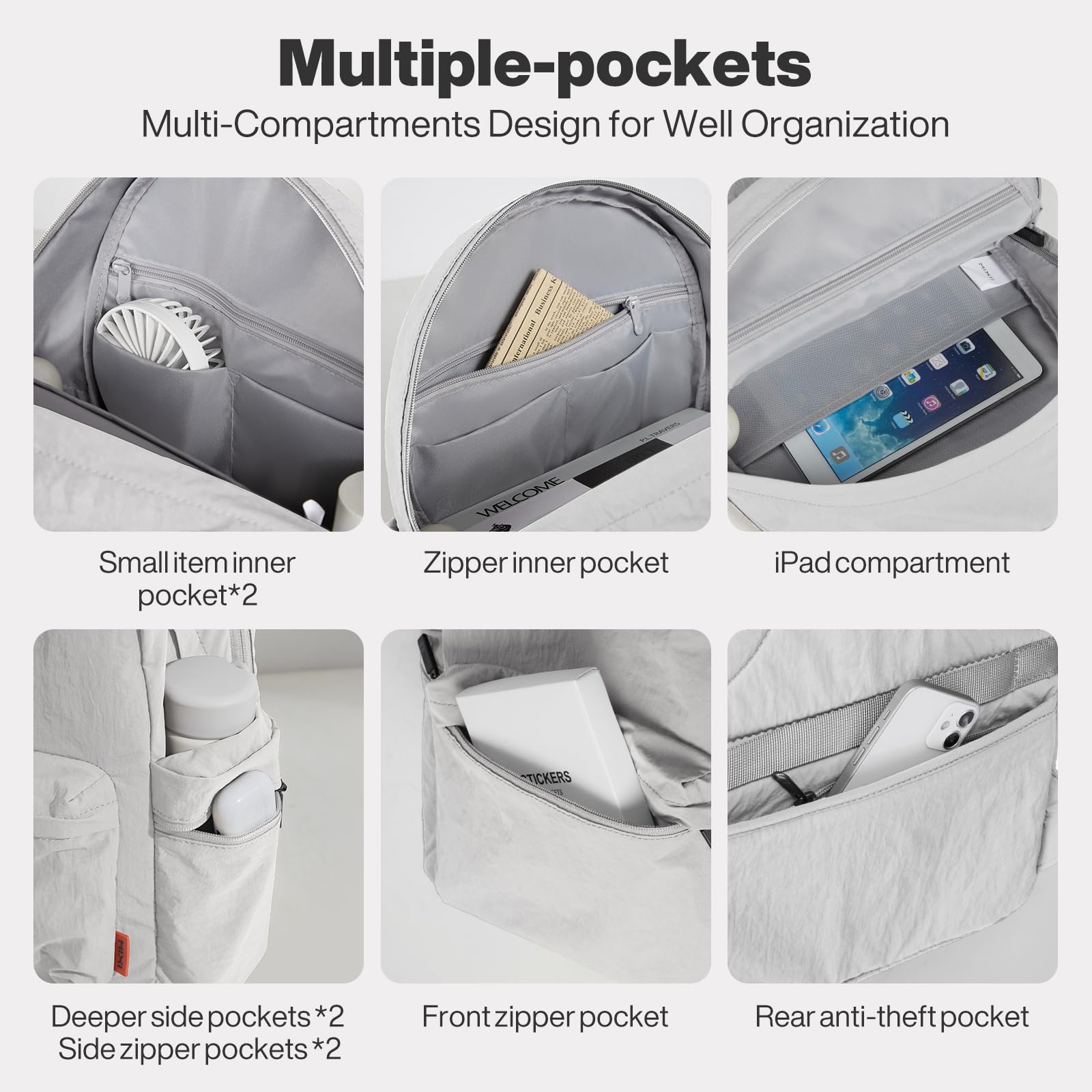 mixi Outdoor Lightweight Backpack Casual Carry On Laptop Backpack Travel Bookbag for Women Men, Water Resistant Durable Hiking Bag for Camping Weekender Sports College Work, 17 Inch, Light Gray