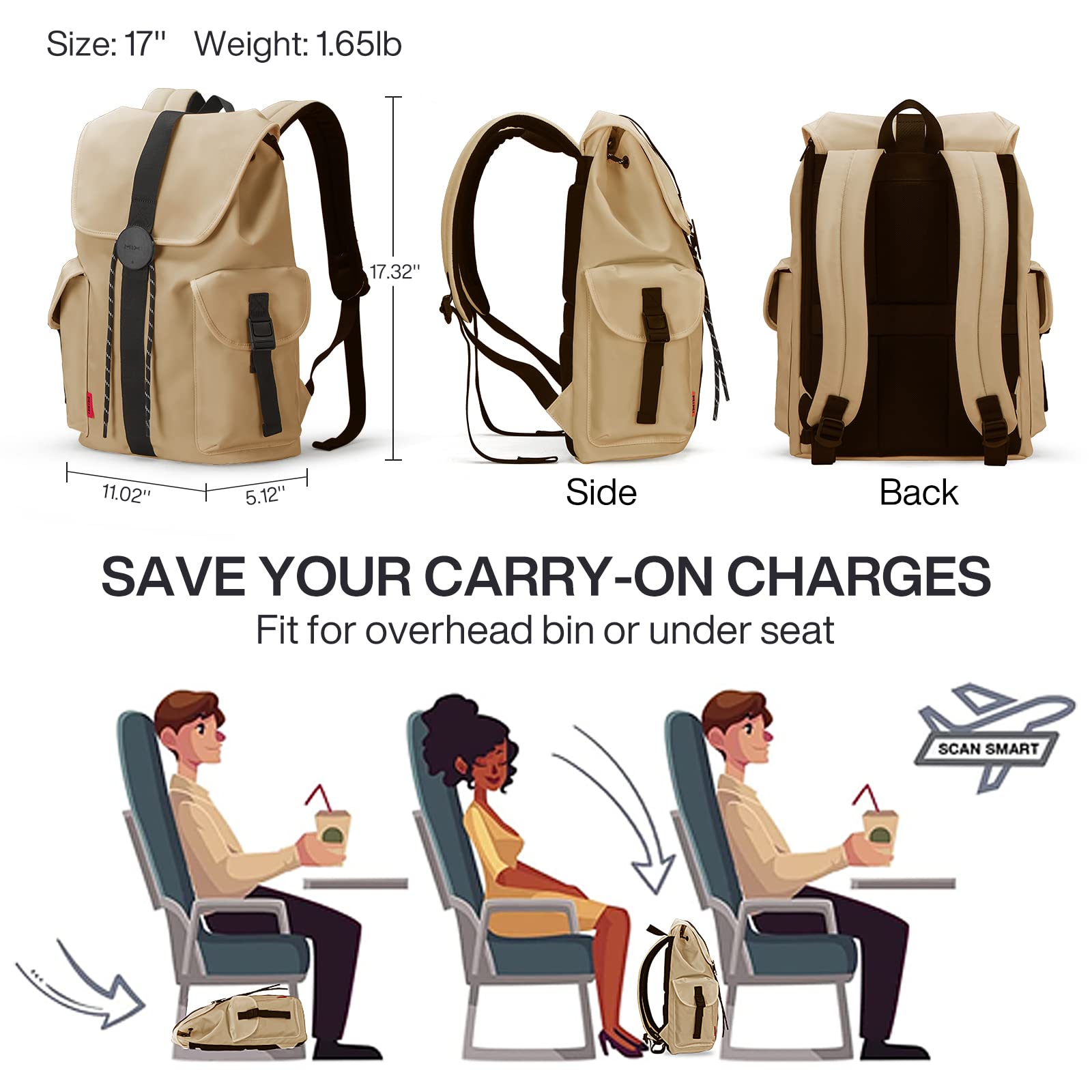 mixi Travel Laptop Backpack for Women & Men, Carry On Backpack fits 16'' Laptop Waterproof Rucksack,17 Inch, Mocha Brown
