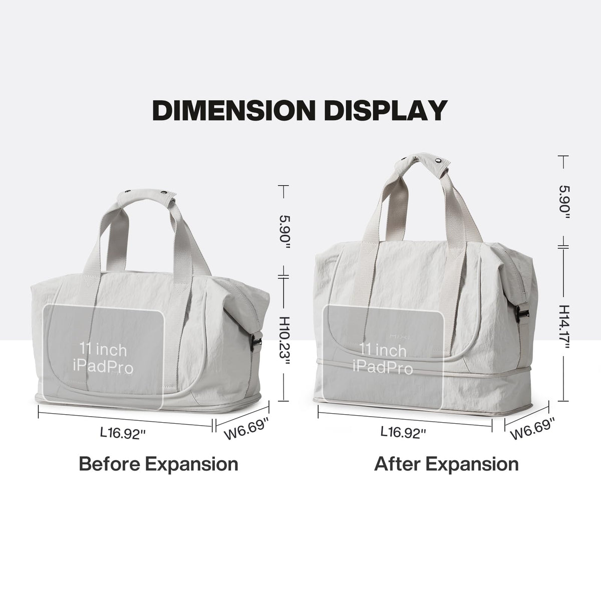 mixi Travel Tote Bag for Women Large Expandable Travel Bag Waterproof Lightweight Carry On Personal Item Weekender Shoulder Handbag, Light Gray