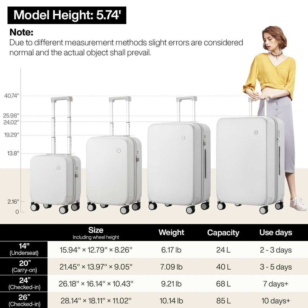 mixi Upgrade Carry on Luggage Suitcases with Spinner Wheels, Hardside Rolling Suitcase PC with TSA Lock Lightweight Travel Case 20in Carry - On, Fine Grid Smoke White