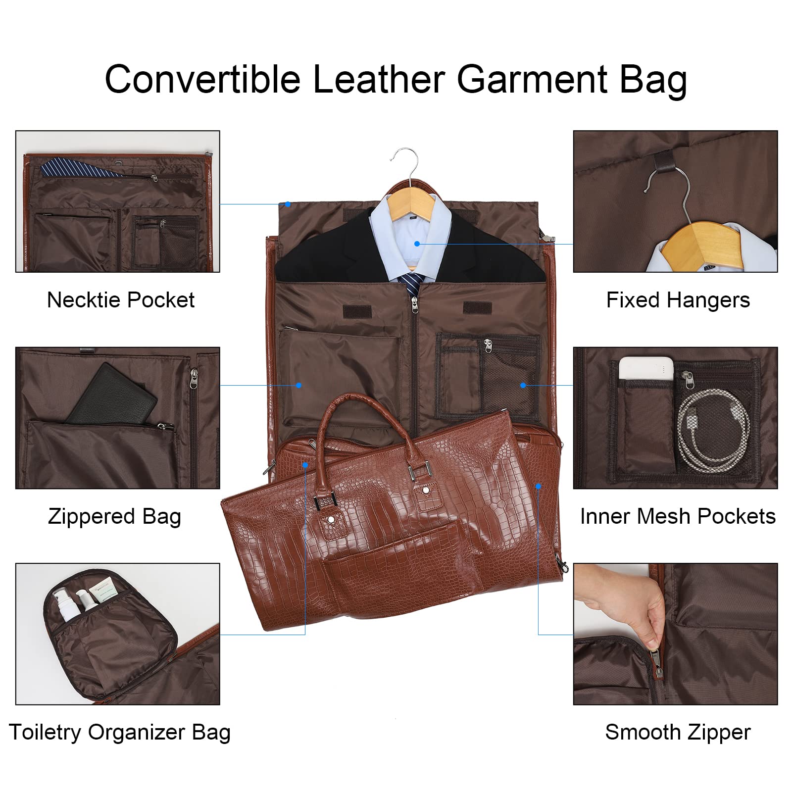 Modoker 2 - in - 1 Waterproof Leather Garment & Duffel Bag, 45L Carry - On Hanging Suitcase with Detachable Shoulder Strap, Wrinkle - Free Travel Luggage for Men & Women, Light Brown
