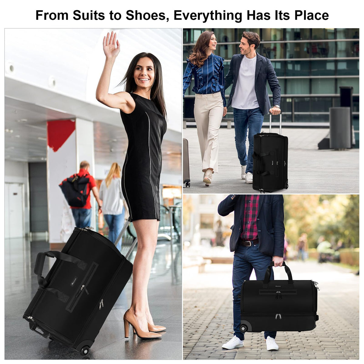 Modoker Convertible Rolling Garment Bag for Travel, Suit Travel Bag with Trolley, Garment Duffel Bag with Wheels & Shoes Compartment for Business Trip, Weekender - Black