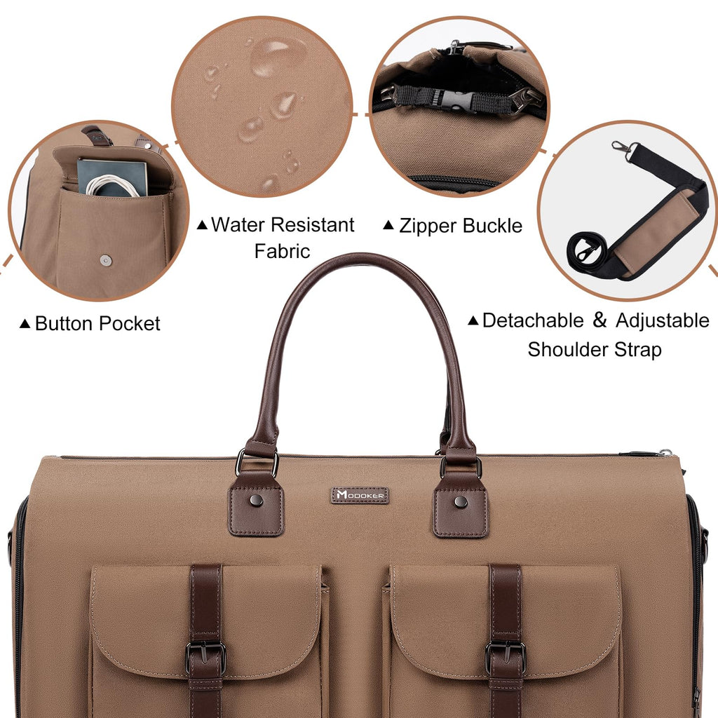 Modoker Convertible Weekender Bag - Canvas Duffle Bags for Travel with Hanging Feature, Brown