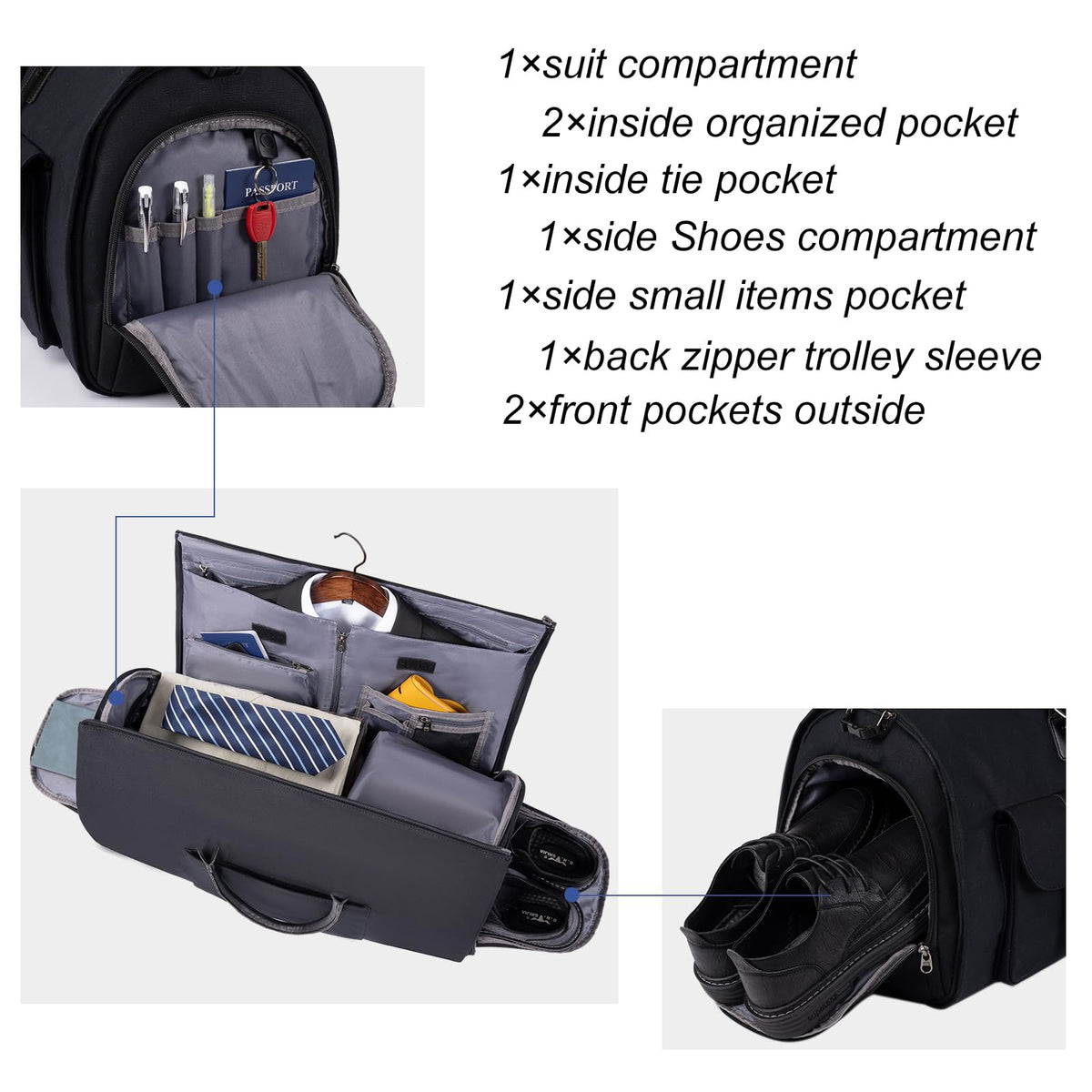Modoker Garment Convertible Weekender Bag,Carry on Garment Bags for Travel Mens Suit Bag,Canvas Garment Duffle Bag Heavy Duty Overnight Bags for Men Women Hanging Clothes, Black